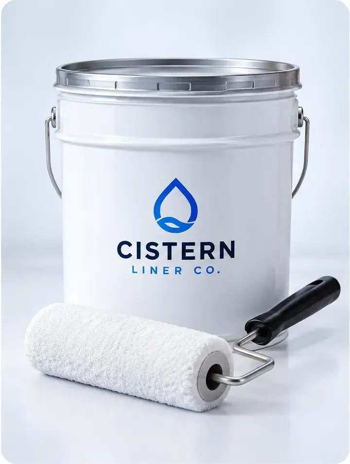 Pail of liquid-applied cistern coating with a paint roller